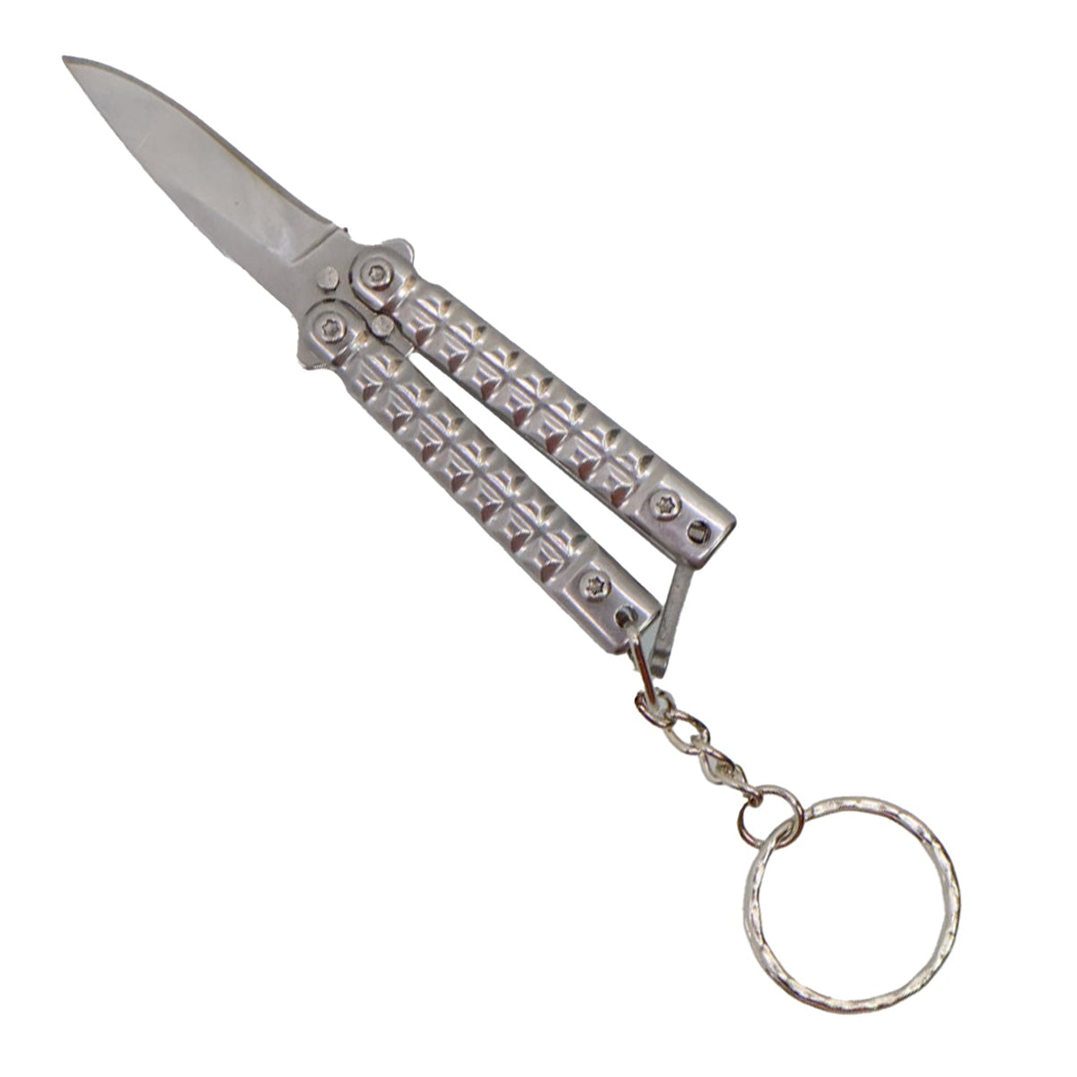 3.75 inch mini butterfly knife with keychain in silver, open blade