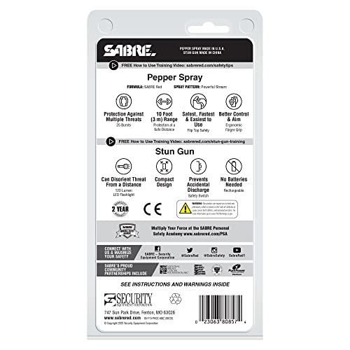 SABRE self defense kit, includes pepper spray and stun gun instructions, features and usage information on the packaging