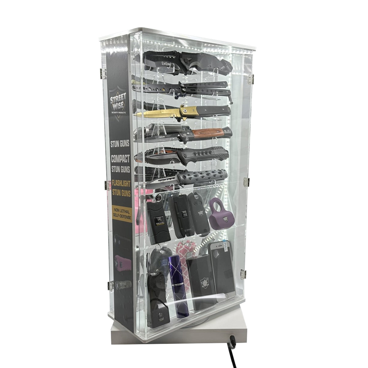 Streetwise 2 Sided Rotating LED Display with 12 Standard Knives and 16 Stun Guns
