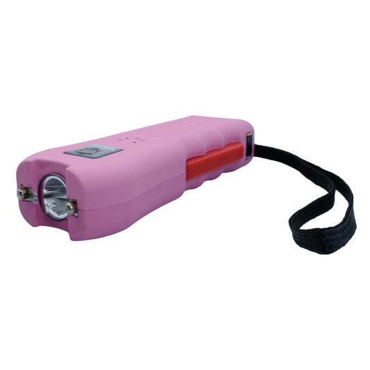 Pink Ladies' Choice 21,000,000 stun gun with ergonomic grip, red squeeze trigger, flashlight, and wrist strap.