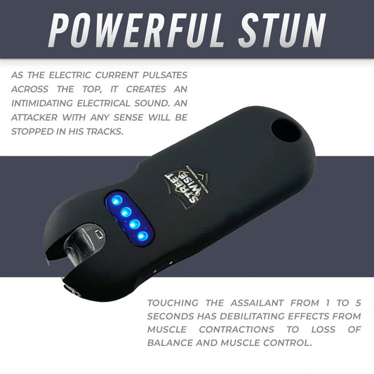 Black Smart Keychain Stun Gun with glowing blue LED indicator lights for personal protection and self-defense.