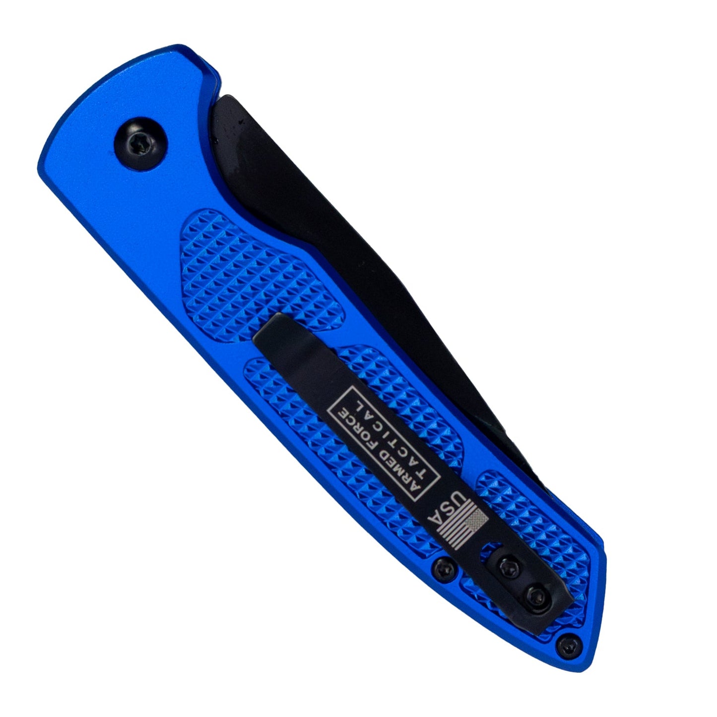 Rear view of Armed Force Tactical 7.75-inch blue automatic knife showing USA pocket clip and tactical aluminum handle design.