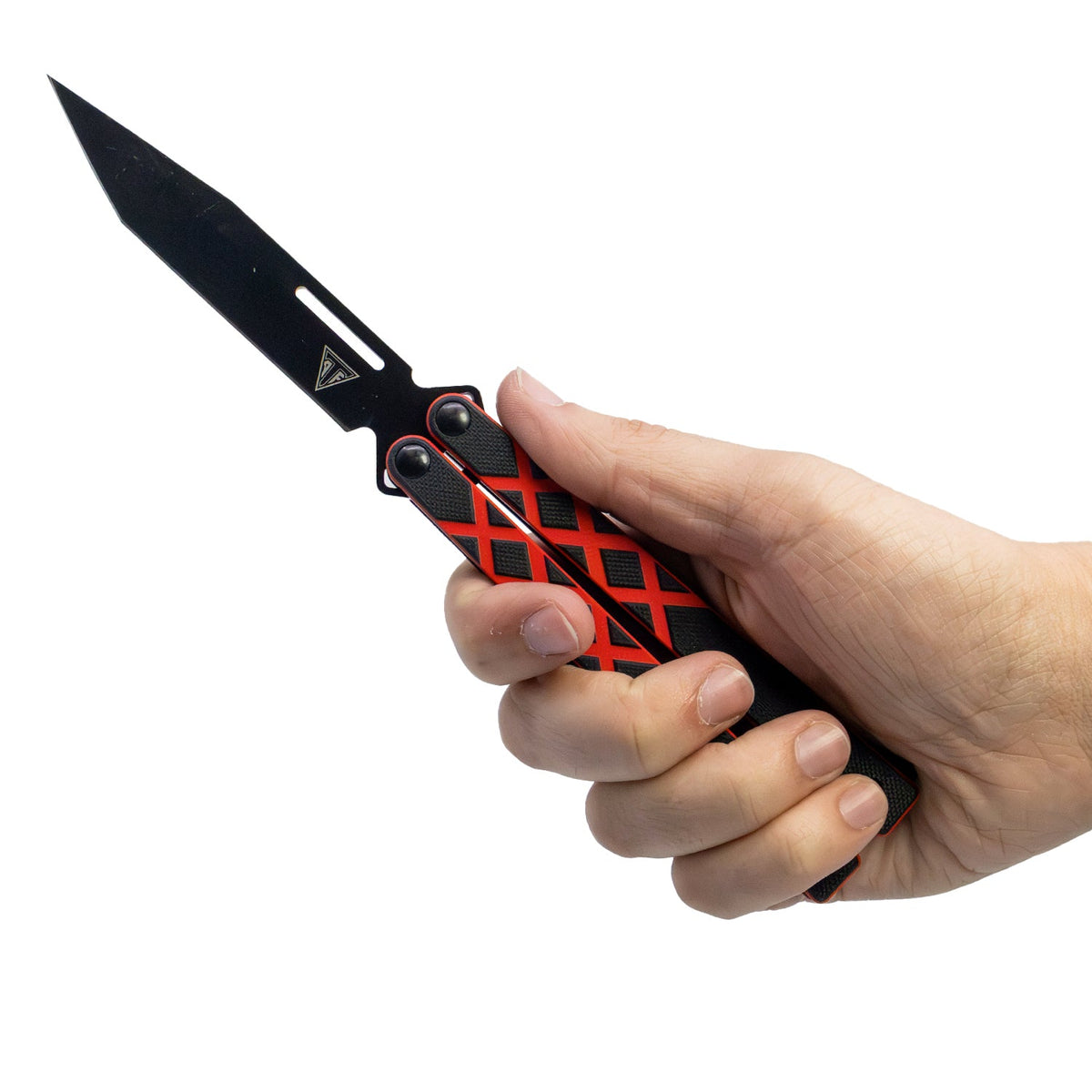 Armed Force Tactical 9-inch ball bearing G10 red butterfly knife with tanto blade shown in hand for scale and grip detail.