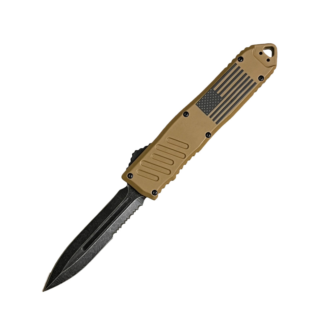 Armed Force Tactical OTF knife with tan handle and black double-edge tactical blade