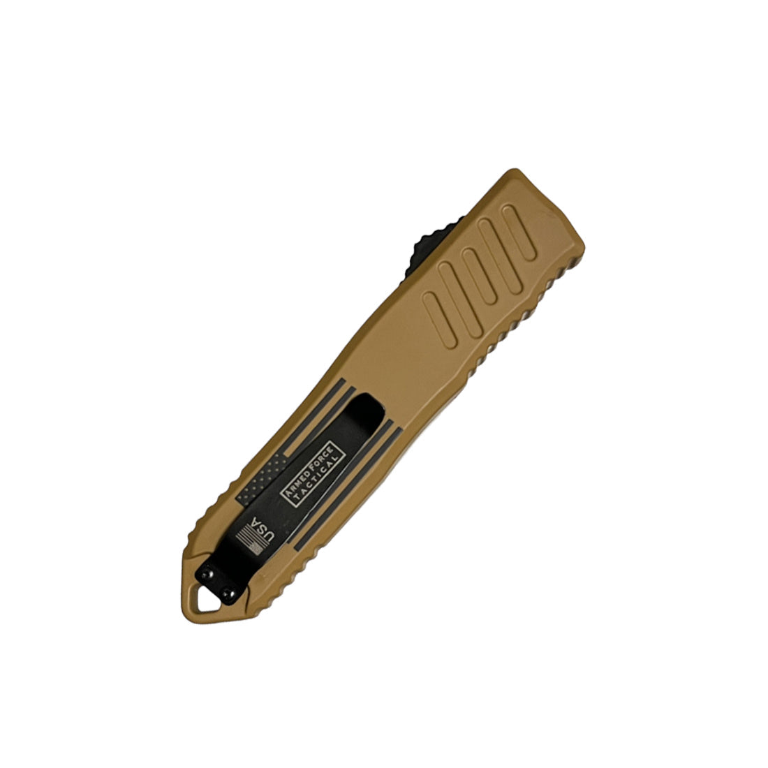 Folded Armed Force Tactical OTF knife showing black pocket clip and USA logo on tan handle
