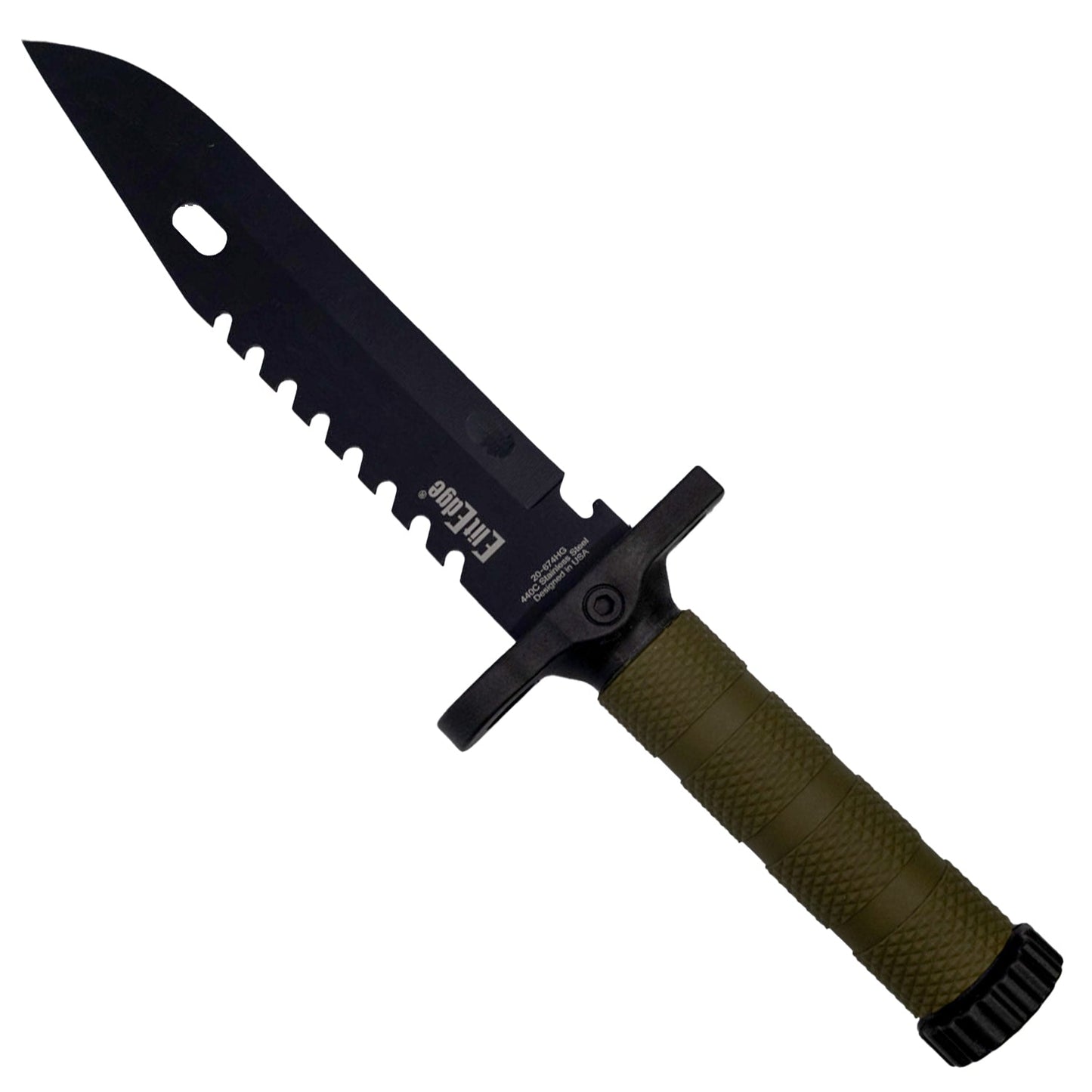 ElitEdge 12.5-inch green fixed blade survival knife with reverse serrated edge shown in hand for grip and blade size reference.