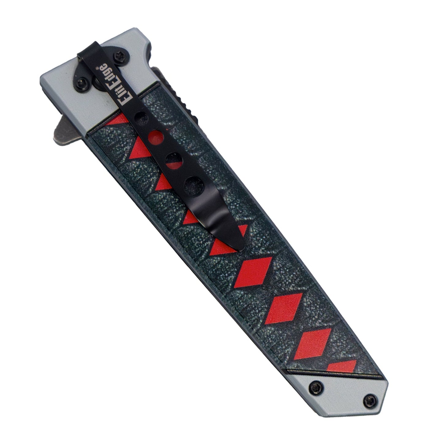 Back view of ElitEdge 9-inch anime tanto knife showing black pocket clip and red diamond textured handle.