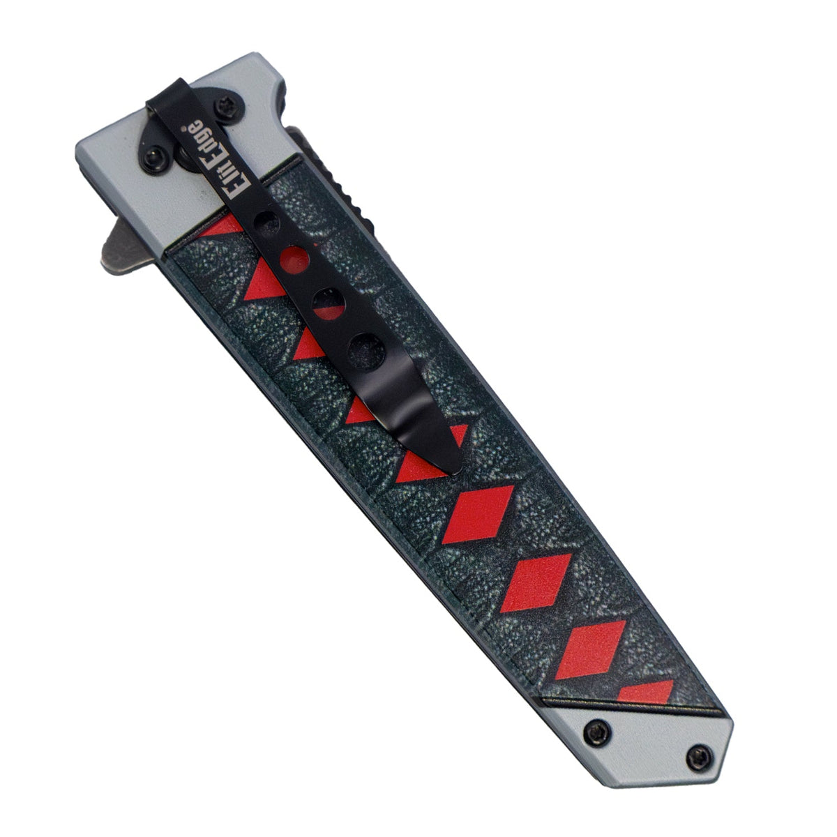 Back view of ElitEdge 9-inch anime tanto knife showing black pocket clip and red diamond textured handle.