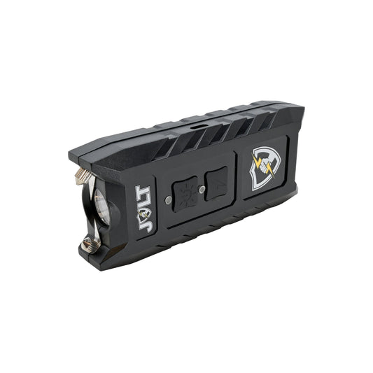 Jolt 3-in-1 Safe Keeper black stun gun with integrated flashlight, alarm, and textured safety grip on white background.