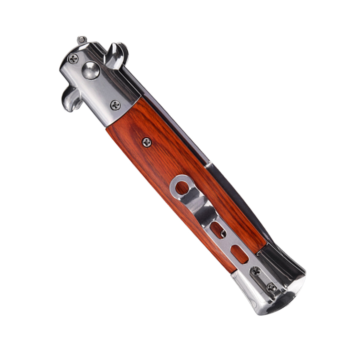 Folded Stiletto automatic knife showing stainless pocket clip and wood handle design