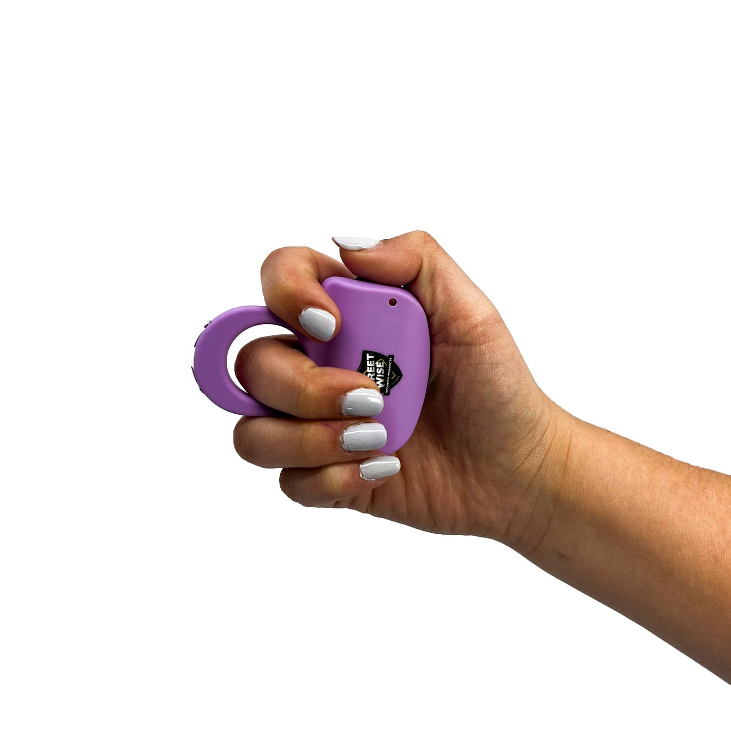 Streetwise finger ring stun gun electric knuckle light purple compact personal safety product in hand