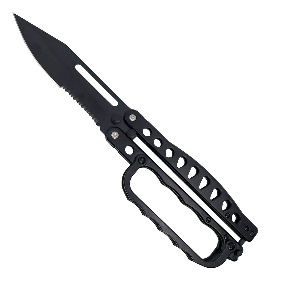 Open view of black tactical butterfly trench knife with serrated stainless steel blade and integrated knuckle grip handle.