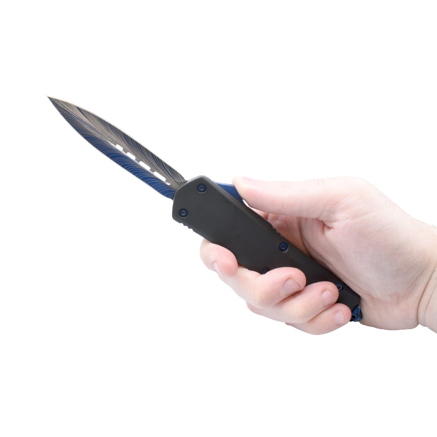 Double Edge Damascus Automatic OTF Knife w/ Belt Clip