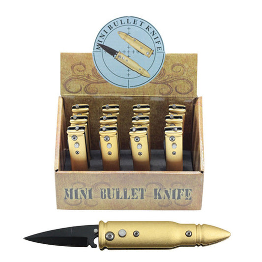 12-Piece Mini Bullet automatic knives display with 2-inch spear point blades and aluminum handles