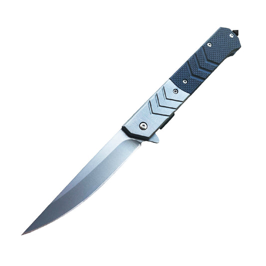 5-inch spring assisted knife with 4-inch grey straight back blade and stainless steel handle with black G10 overlays
