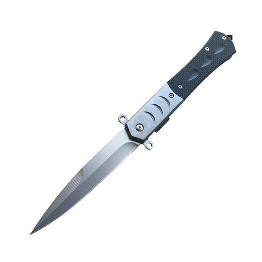 5 inch spring assisted knife with spear point blade and stainless steel handle with black G10 overlays