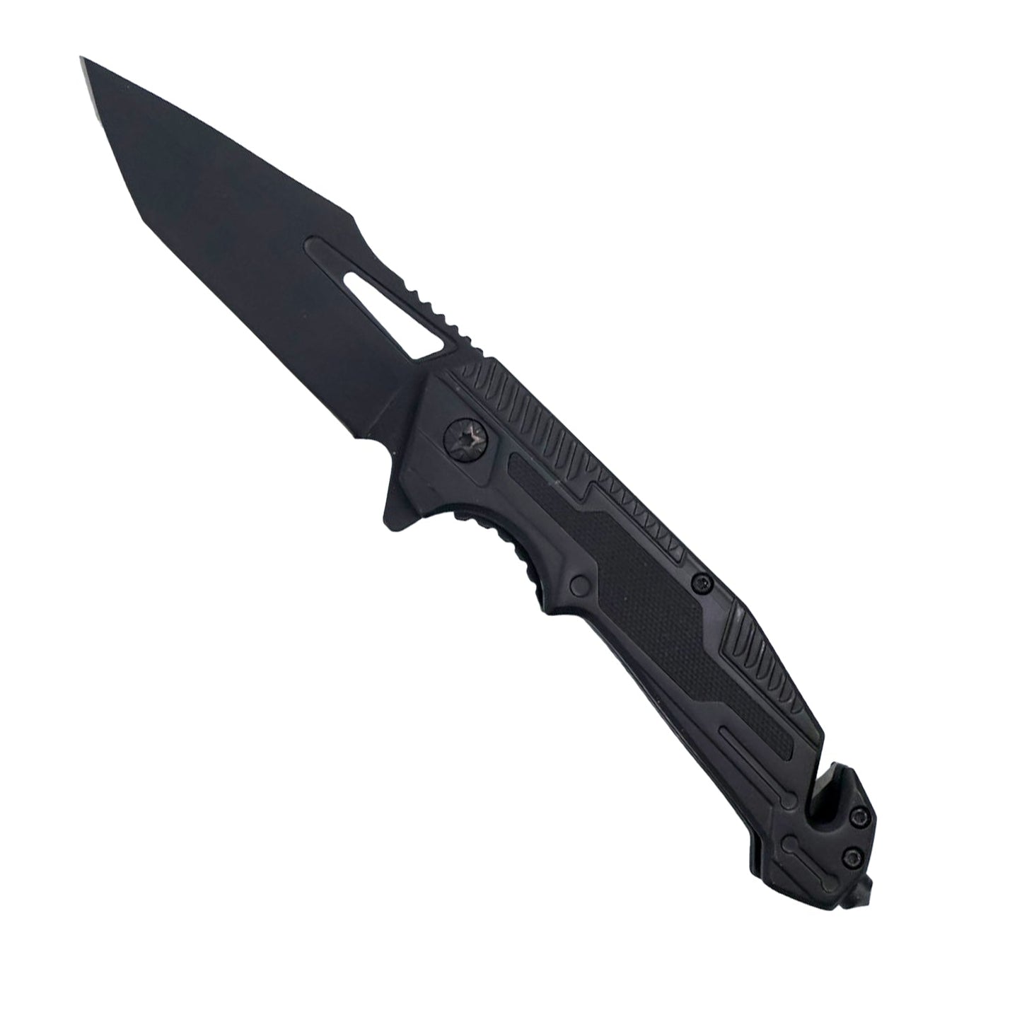 8.5" spring assisted utility knife with tanto blade, black stainless steel handle, G10 grip, seat belt cutter, and glass breaker