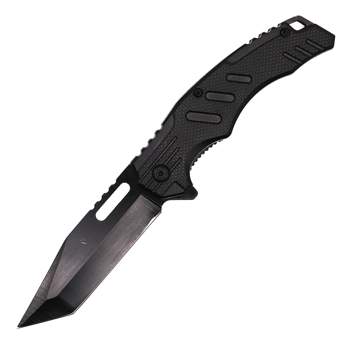 Compact spring assisted 4.75 inch tanto blade knife with black ABS handle and pocket clip