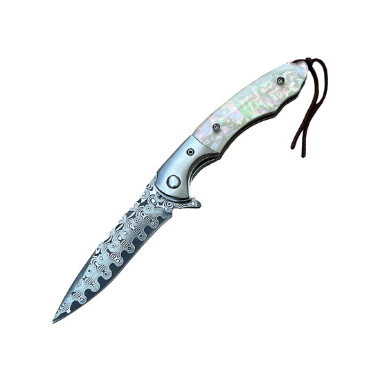 3.5 inch ball bearing folding knife with drop point Damascus blade and mother of pearl handle