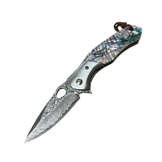 3.5" Damascus drop point folding knife with abalone handle and ball bearing mechanism
