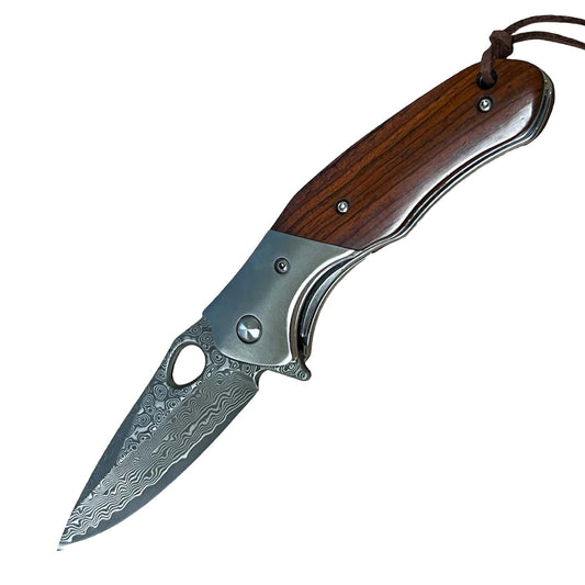 3.5 inch Damascus drop point blade knife with wood handle and folding design