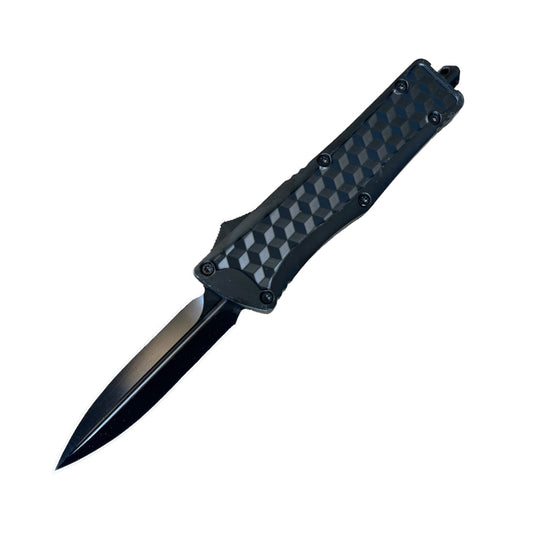 3.5" Double Action OTF Knife with dagger blade and black zinc alloy handle, 5.5" closed length