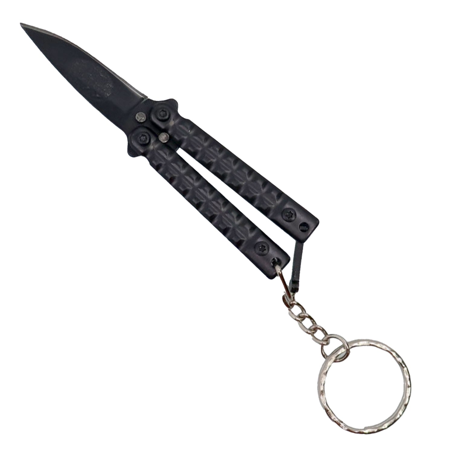 3.75 inch mini butterfly knife with keychain and sharp blade for light cutting tasks