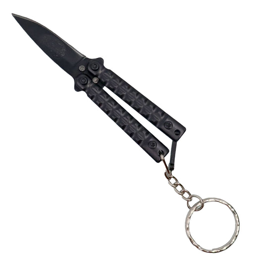 3.75 inch mini butterfly knife with keychain in black, shown open