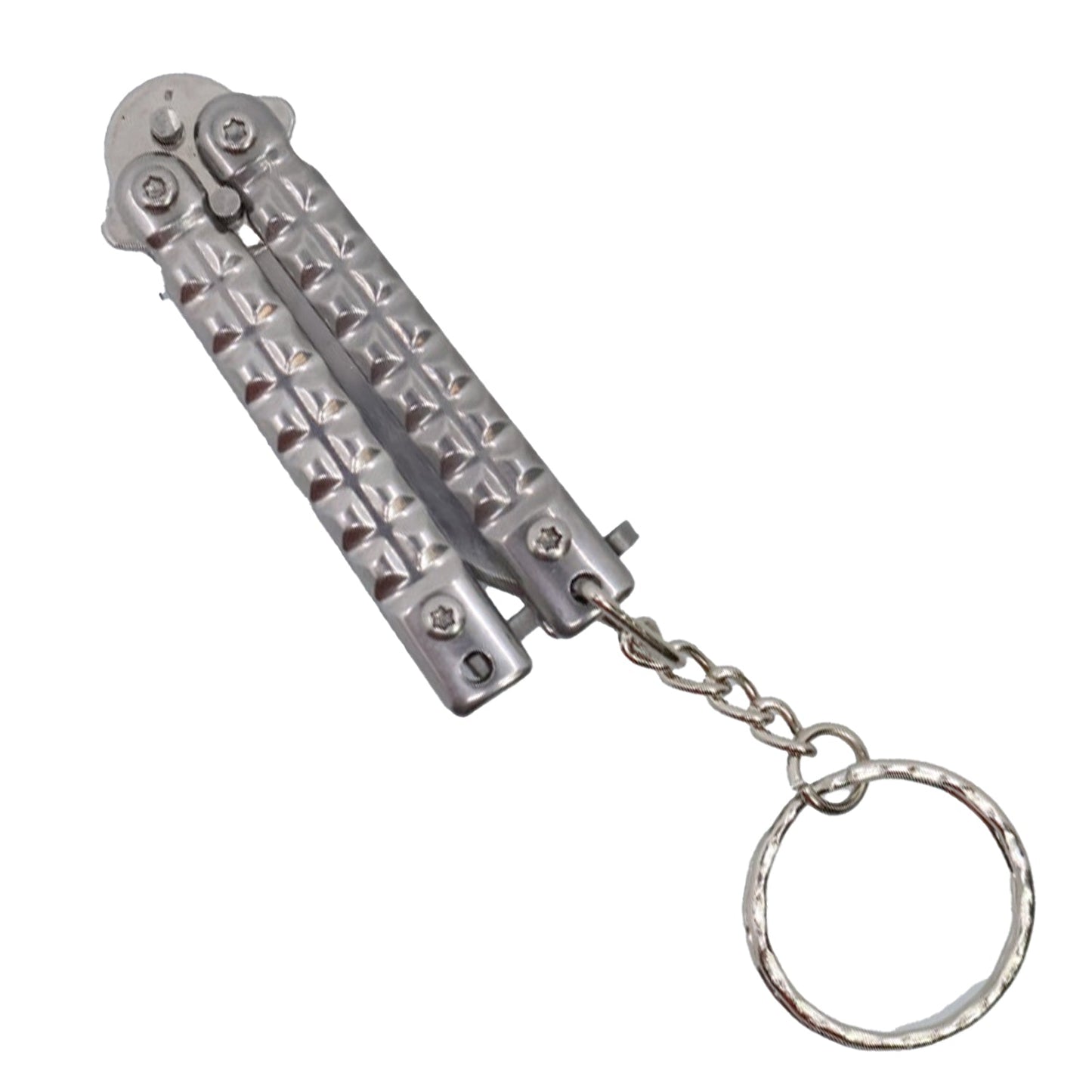 3.75 inch mini butterfly knife keychain folded closed in silver
