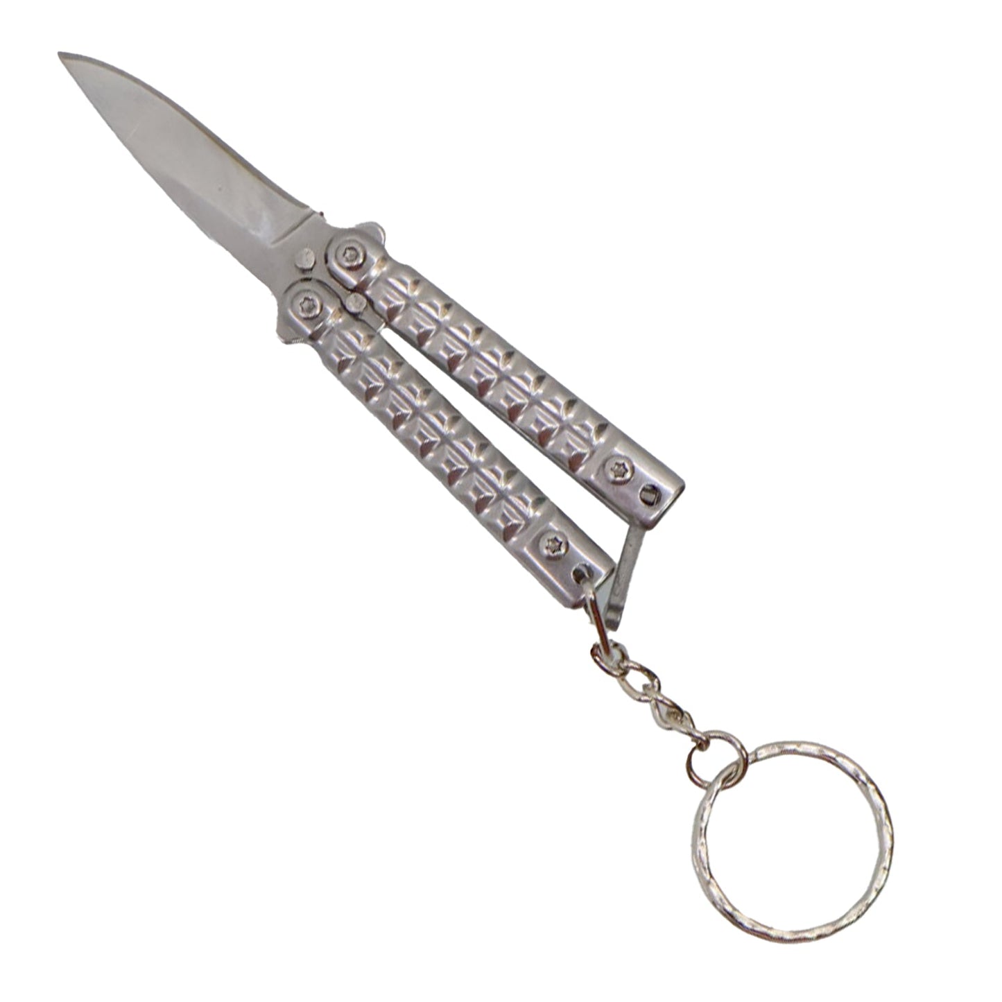 3.75 inch mini butterfly knife with keychain in silver, open blade
