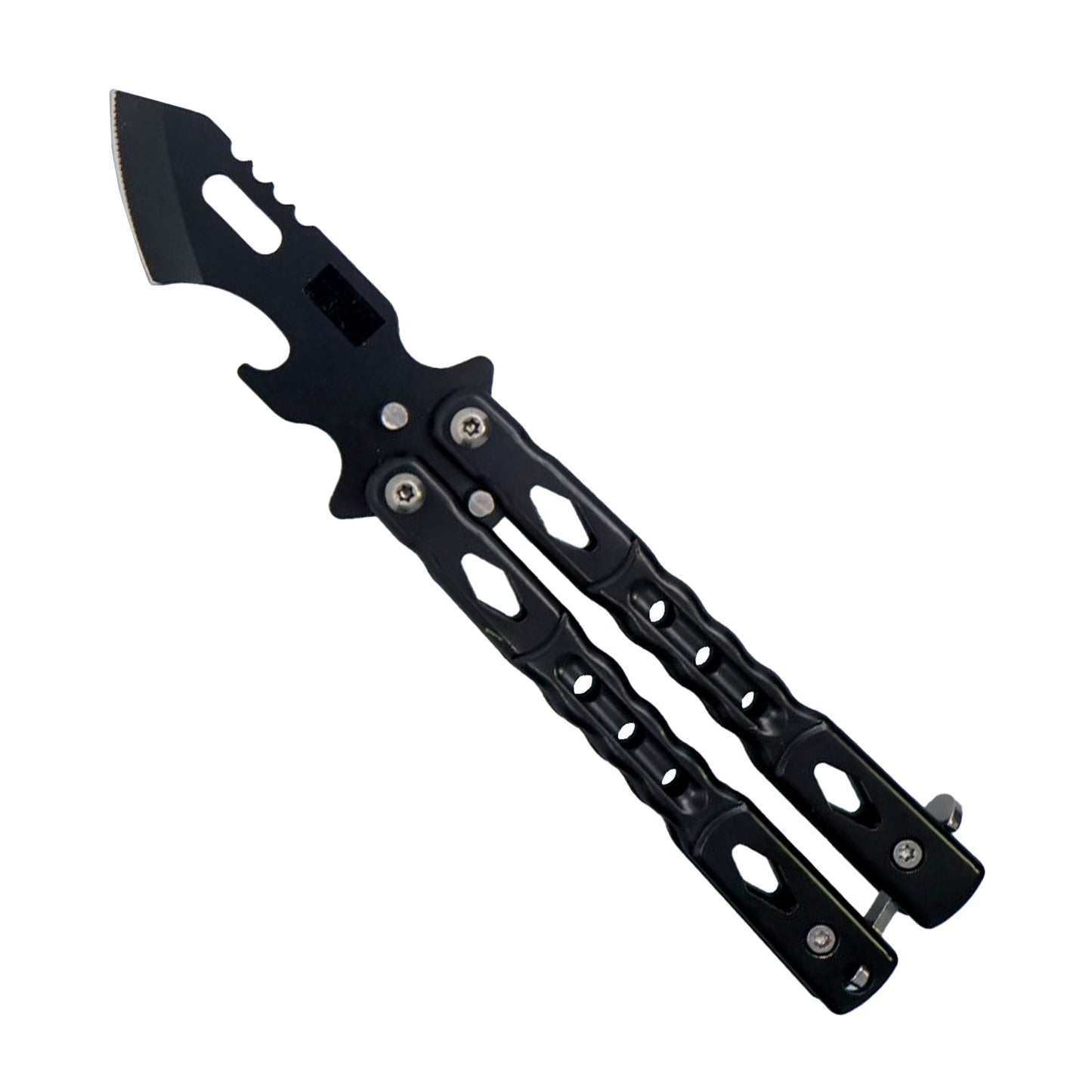 5.75 inch black butterfly knife with bottle opener and stainless steel handle for everyday carry