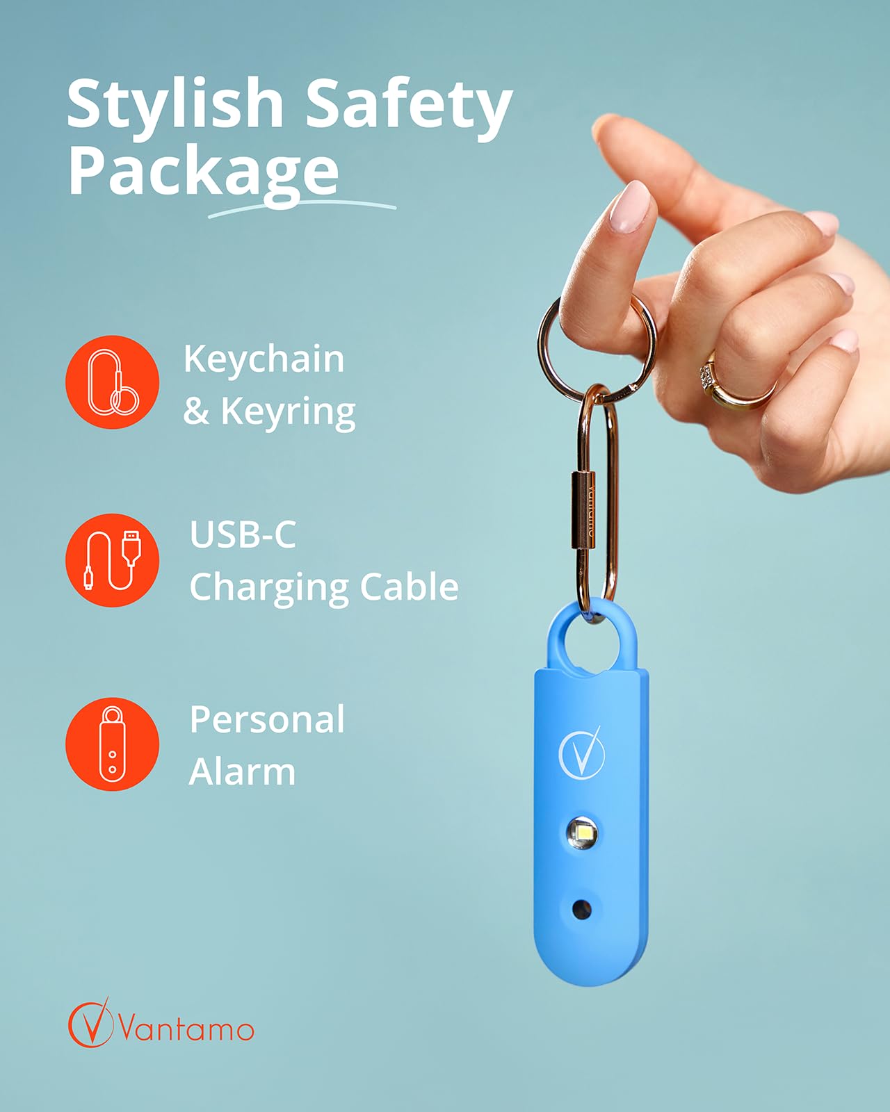 Vantamo Personal Alarm for Self Defense with Low Battery Notice, Strobe Light & Extra Loud 130 dB Double Speakers Safety Keychain Set for Women, Rechargeable Panic Button for Womens Self Defense