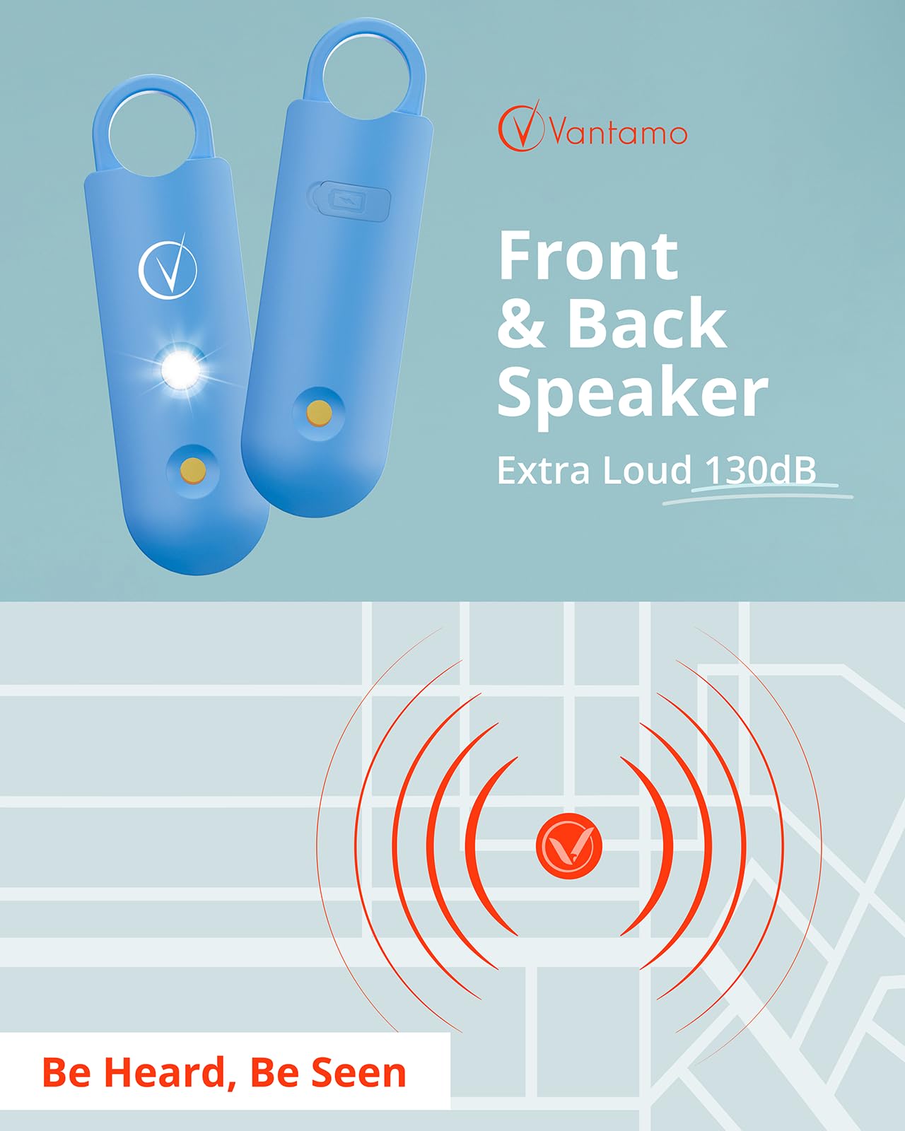 Vantamo Personal Alarm for Self Defense with Low Battery Notice, Strobe Light & Extra Loud 130 dB Double Speakers Safety Keychain Set for Women, Rechargeable Panic Button for Womens Self Defense