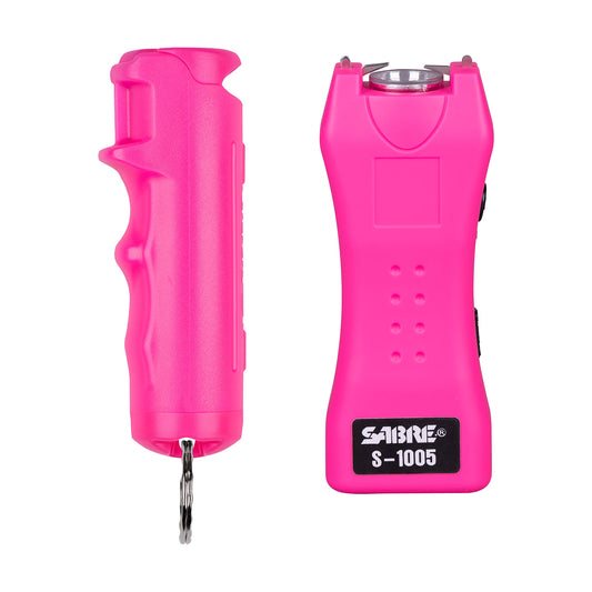 SABRE self defense kit featuring pink pepper spray and a 2-in-1 stun gun with flashlight.