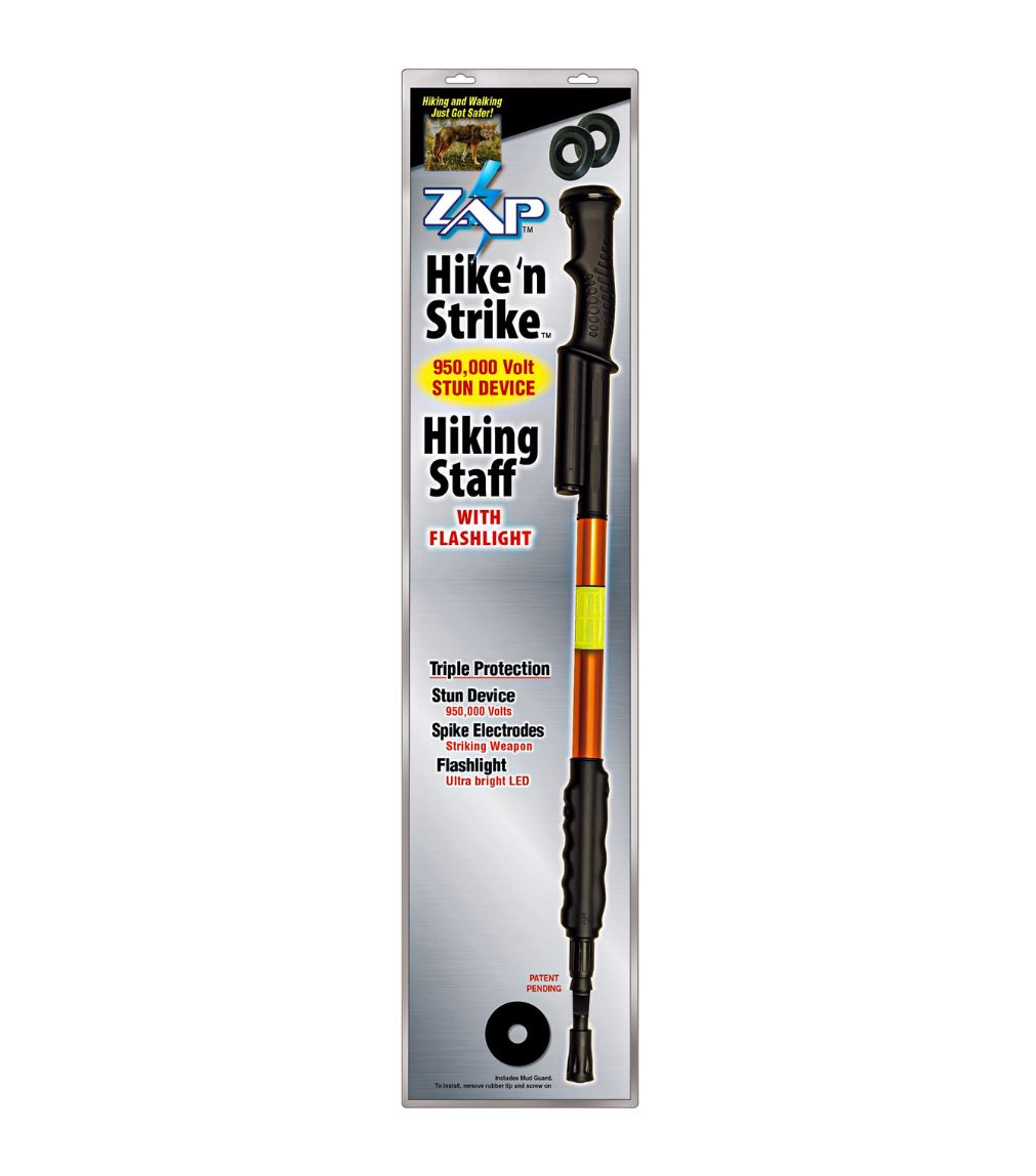 ZAP Hike 'n Strike stun hiking staff with flashlight and triple protection features for outdoor adventures.