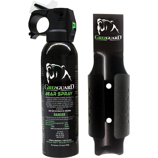 Griz Guard Bear Spray Fogger 7.9 oz with holster and glow-in-the-dark safety top for bear attack protection