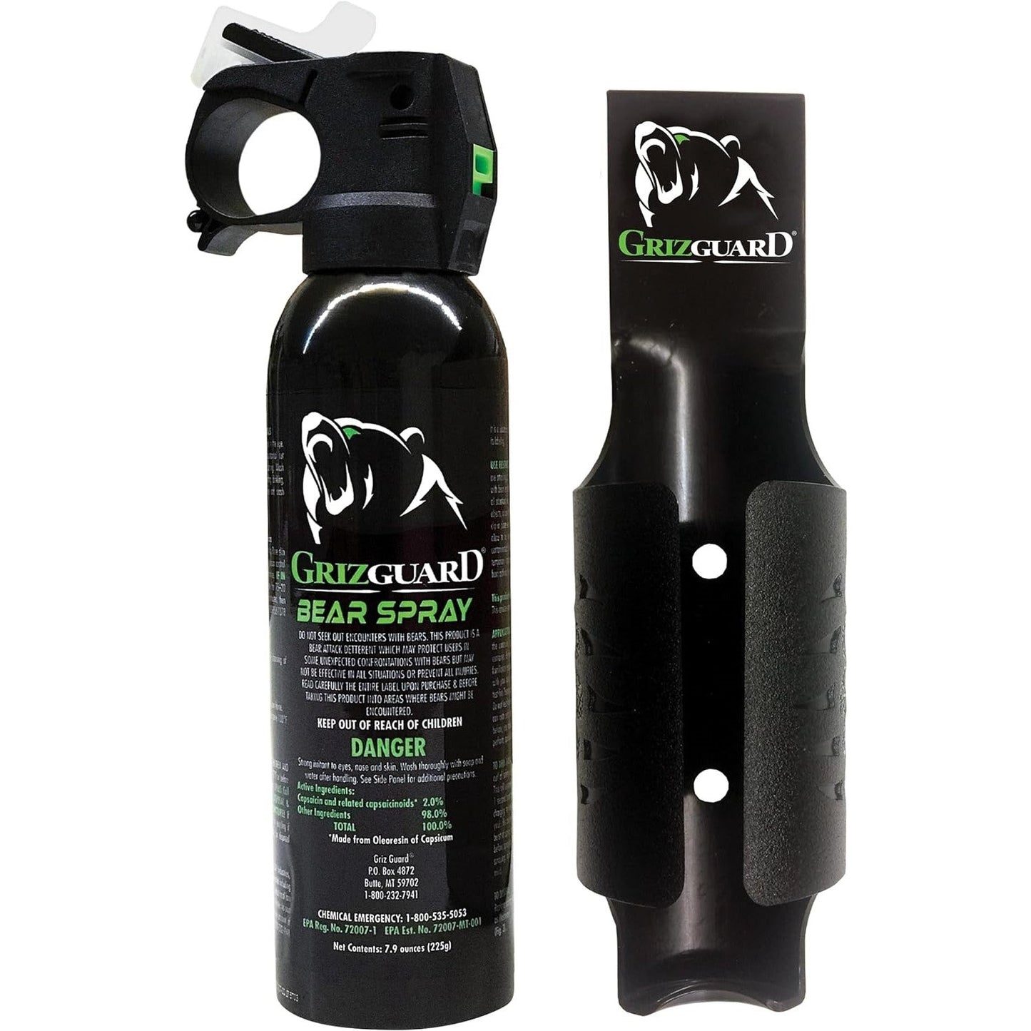 Griz Guard Bear Spray Fogger 7.9 oz with holster and glow-in-the-dark safety top for bear deterrence