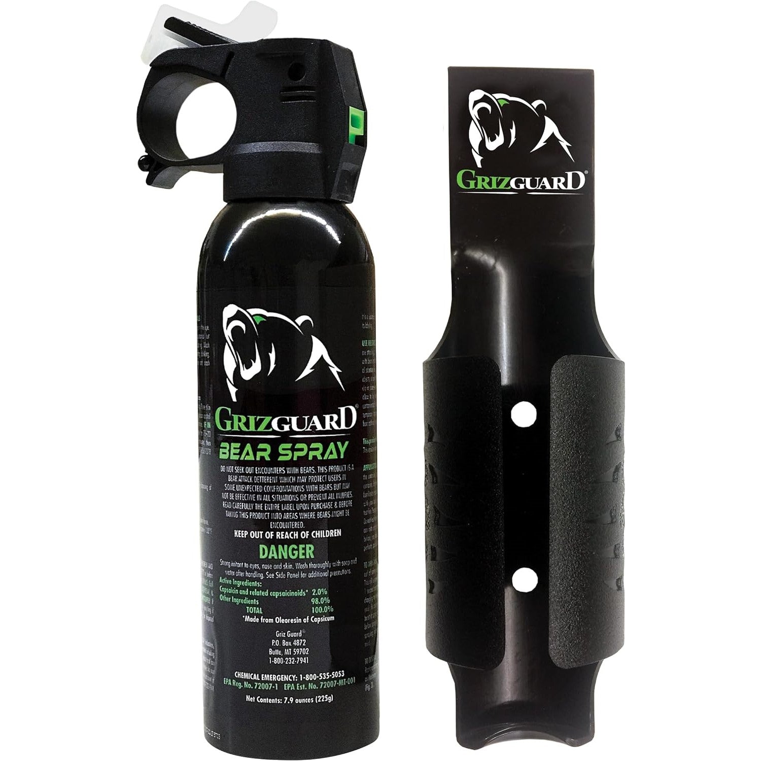 Griz Guard Bear Spray Fogger 7.9 oz with holster and glow-in-the-dark safety top for bear deterrence