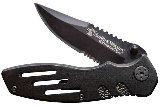 Smith & Wesson Extreme Ops folding tactical knife with a black serrated clip point blade and textured aluminum handle.