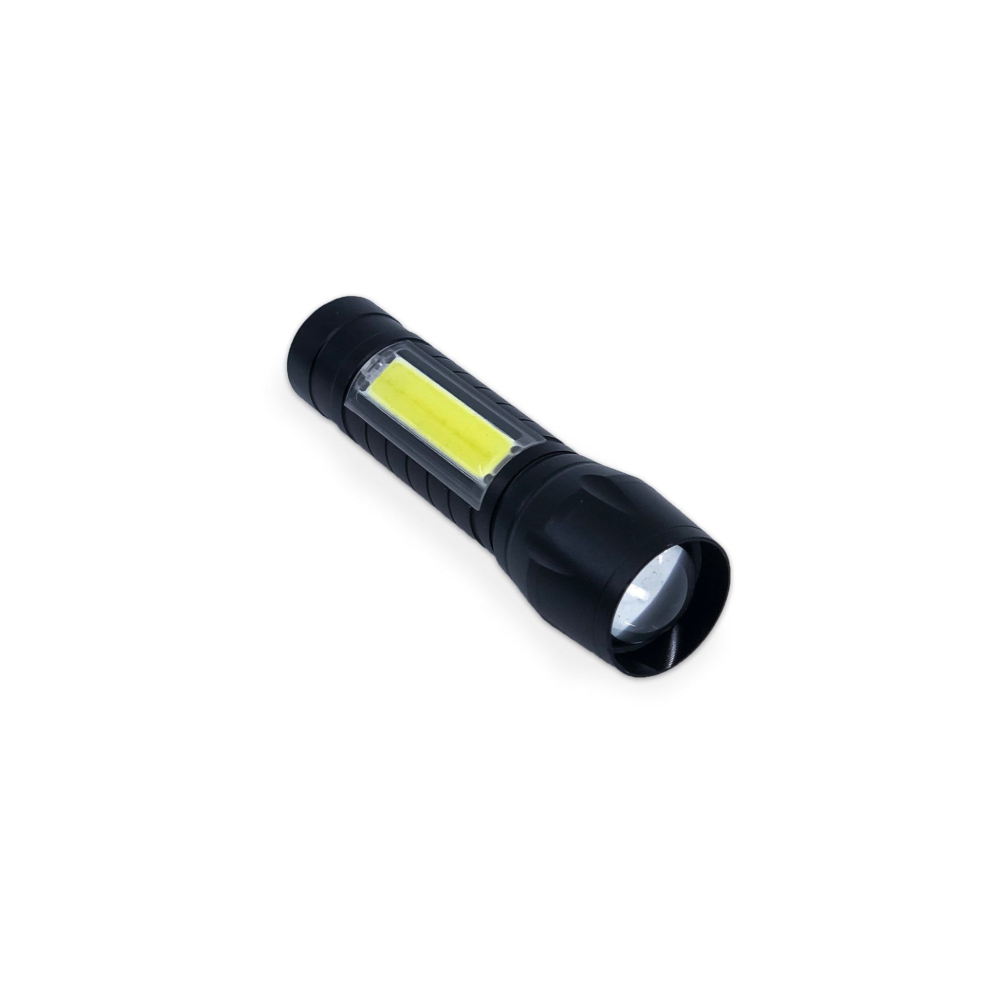 Compact Tactical 110-Lumen Rechargeable Flashlight with COB Light, zoom lens, wrist strap, and mini-USB charger
