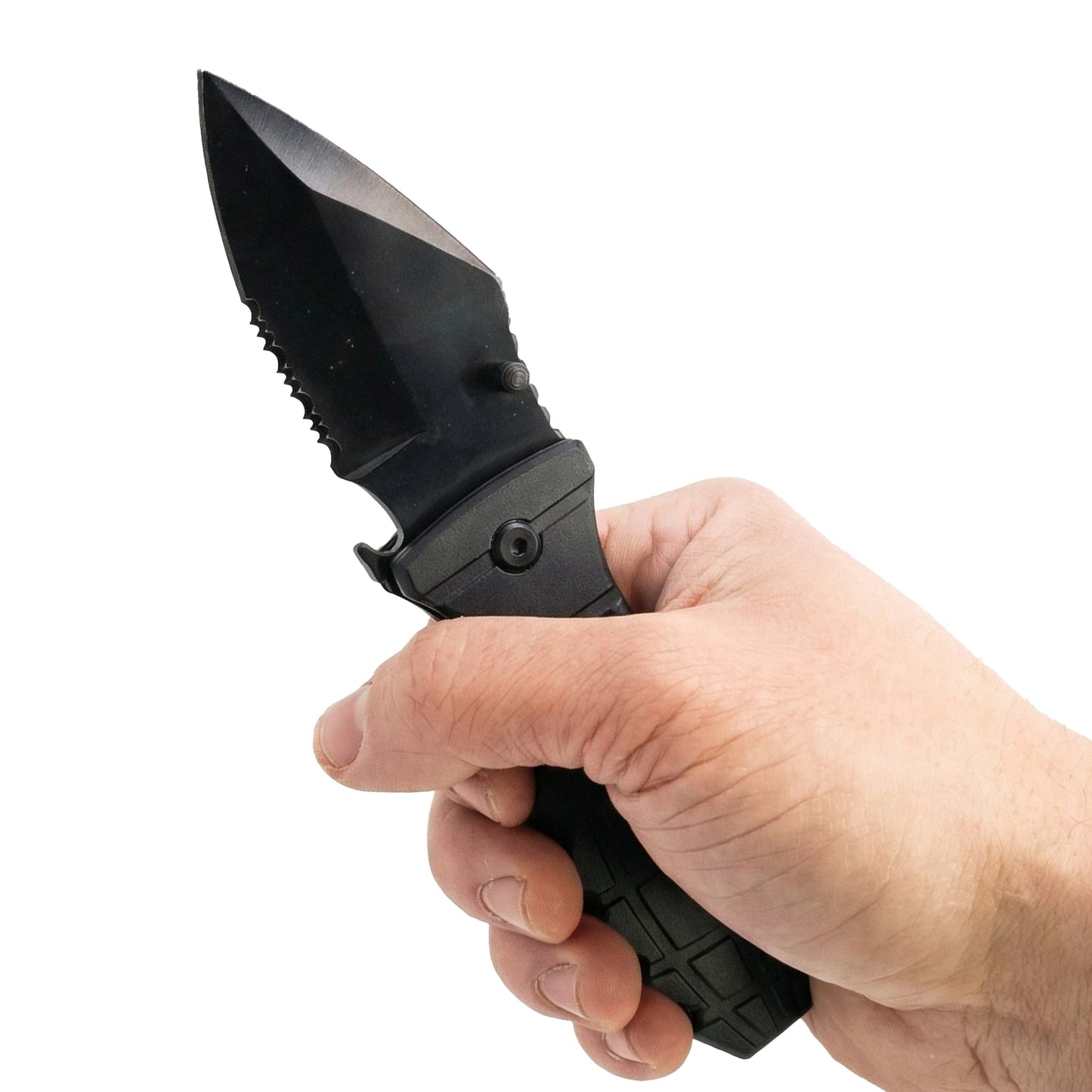 black folding knife with textured handle in hand