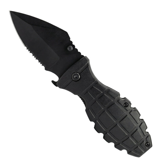 Black folding knife with a textured handle on a white background