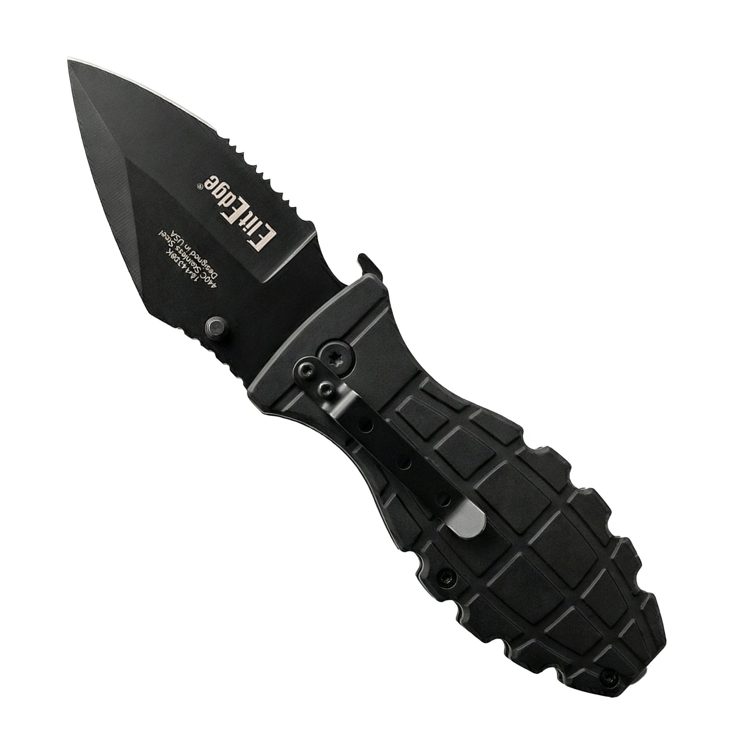 black textured open folding knife with elitedge logo