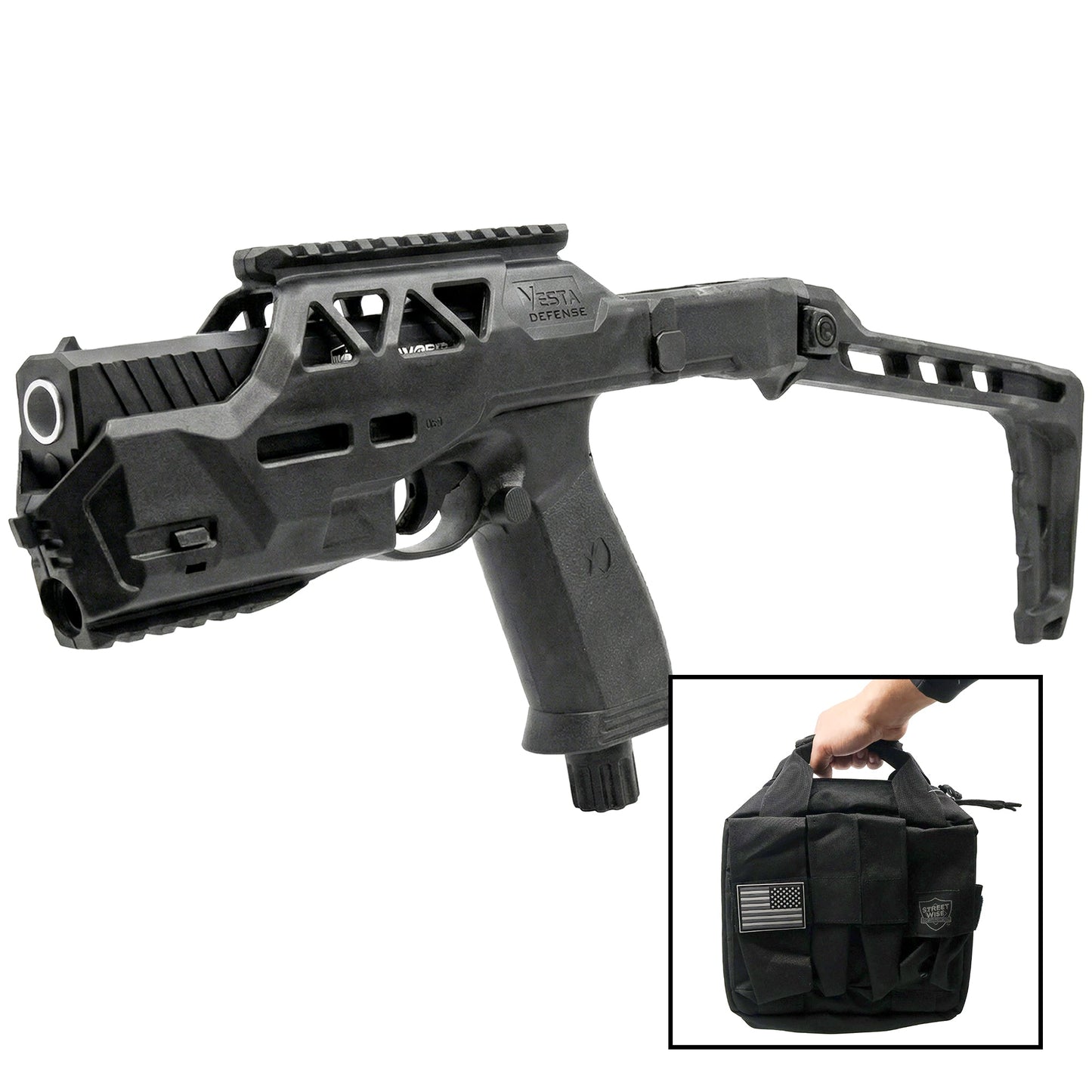 Heat Pepper Launcher folding stock attachment with picatinny rails and carrying case