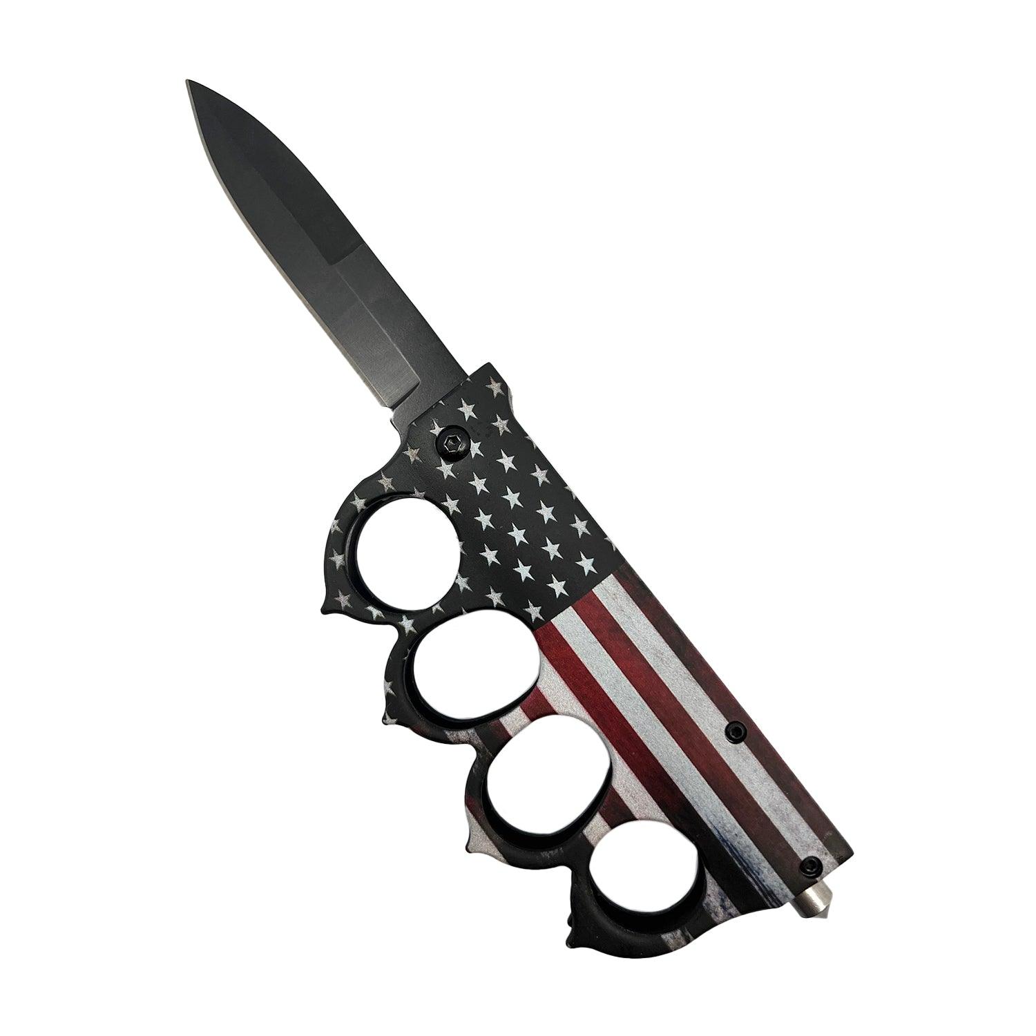 ElitEdge American Flag 5" Spring Assisted Knuckle Knife w/ Spikes & Window Brea Utility Knife American Flag 5" Spring Assisted Knuckle Knife