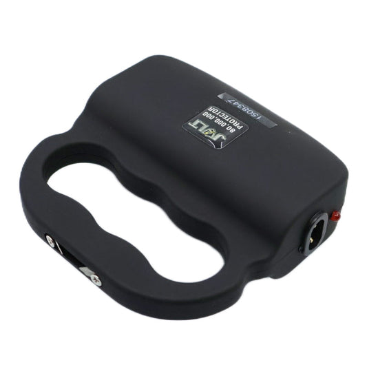Compact JOLT 80,000,000 Protector stun gun with LED flashlight and knuckle guard in black casing