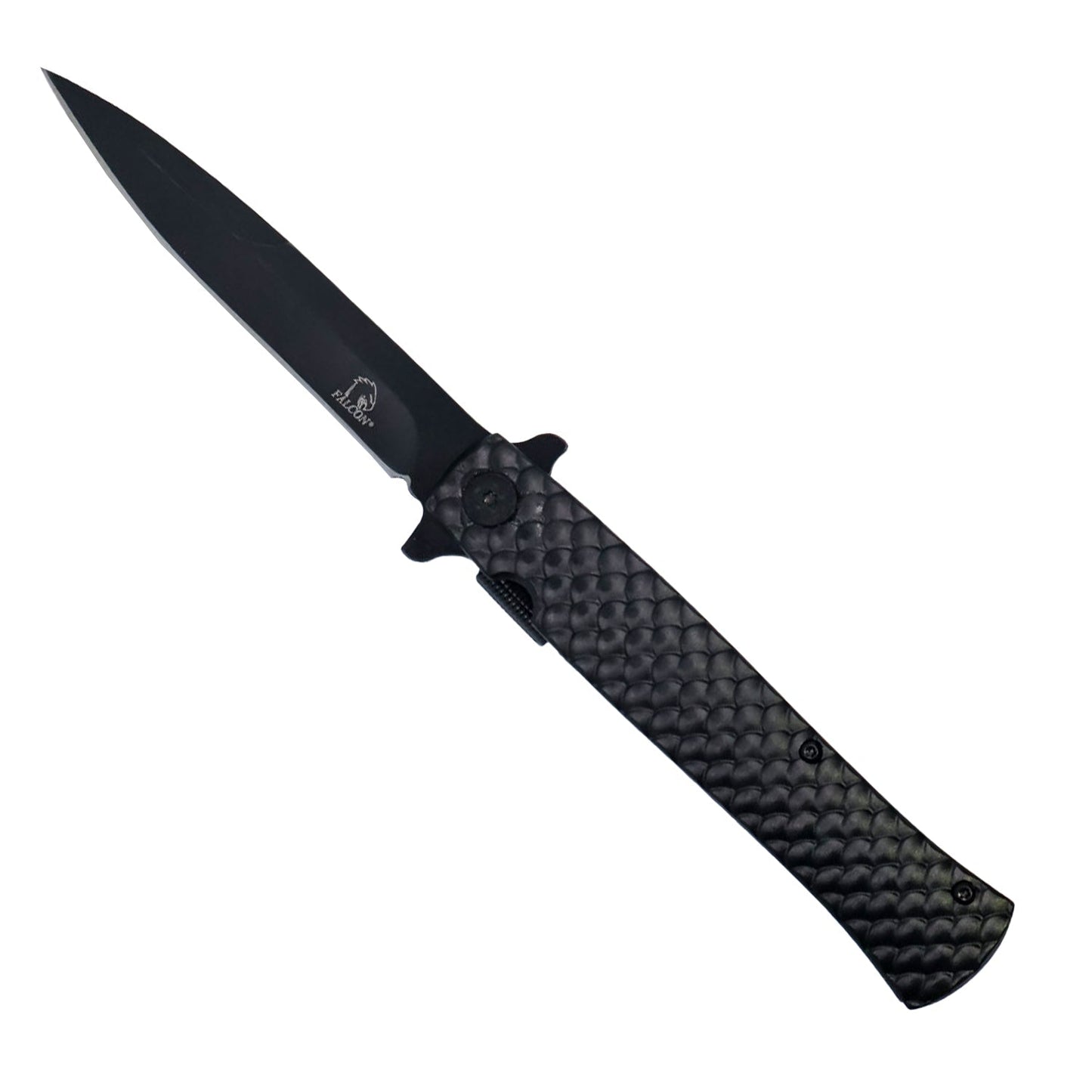 9-inch spring assisted stiletto knife with fish scale textured 440 stainless steel handle and 4.75-inch blade