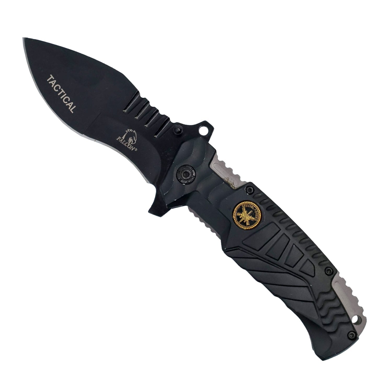 8.5 inch spring assisted military and first responders knife with 3.75 inch kukri blade and anodized aluminum handle