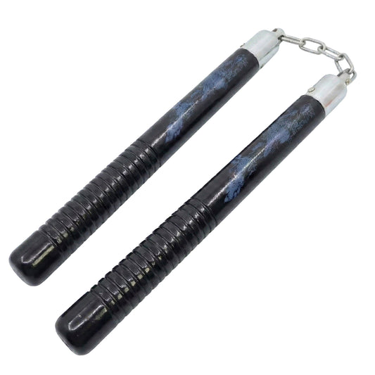 12" Black Wood Nunchucks with Blue Dragon