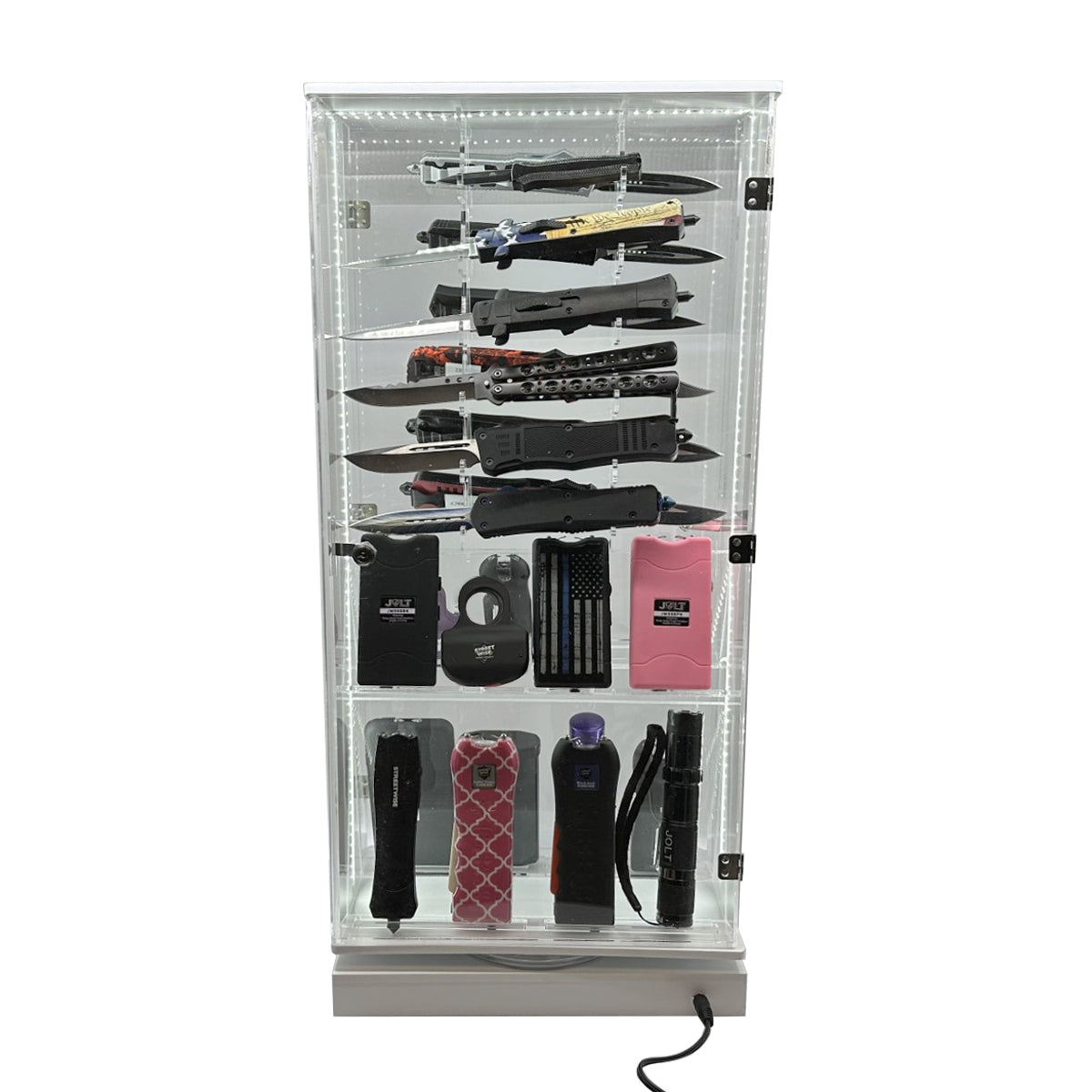 Streetwise 2 Sided Rotating LED Display with 12 Standard Knives and 16 Stun Guns - Smart Pulse Safety